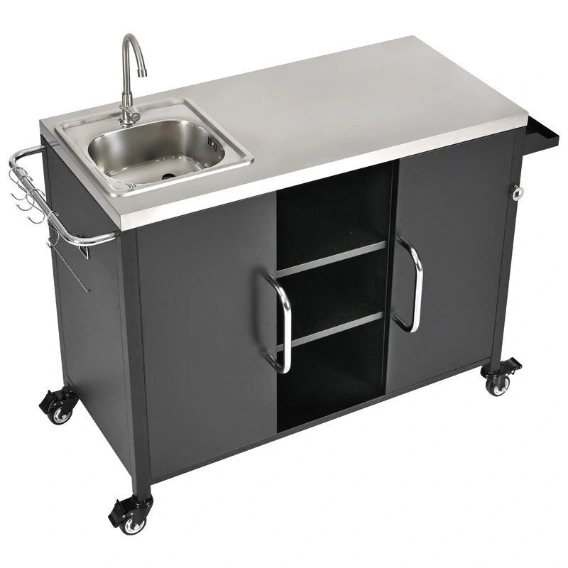 Black Outdoor Grill Cart with Stainless Steel Sink and Lockable Wheels