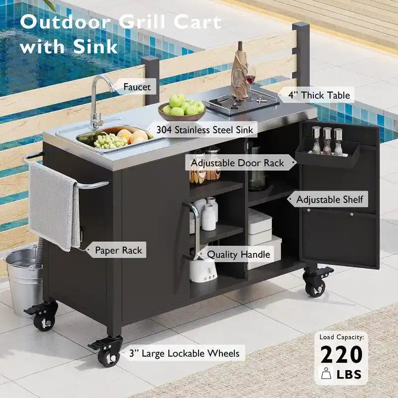 Chariot de cuisine d'extérieur noir avec évier en acier inoxydable et roues verrouillables