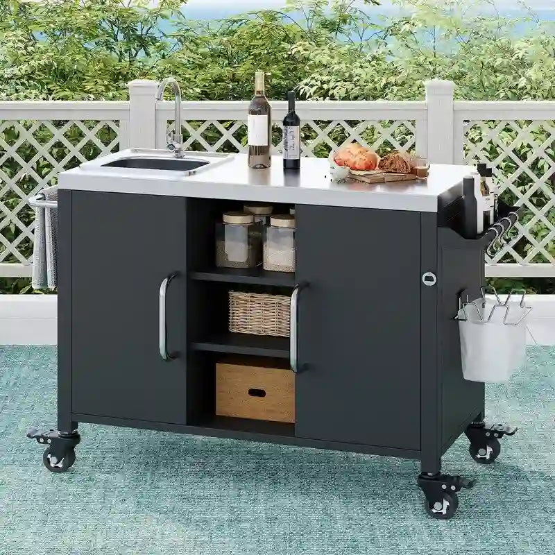 Chariot de cuisine d'extérieur noir avec évier en acier inoxydable et roues verrouillables