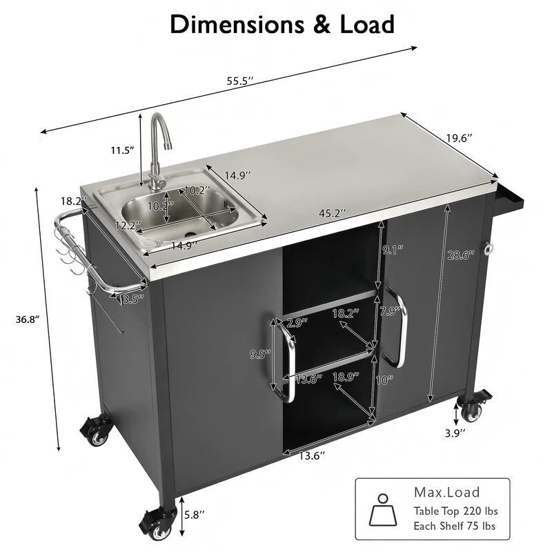 Chariot de cuisine d'extérieur noir avec évier en acier inoxydable et roues verrouillables