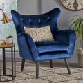 Fauteuil d'appoint à dossier haut en velours capitonné bleu marine avec pieds en chêne