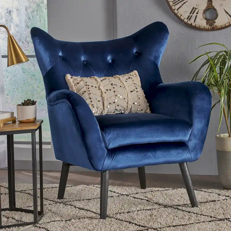 Navy Blue Button-Tufted Velvet Wingback Accent Chair with Oak Legs