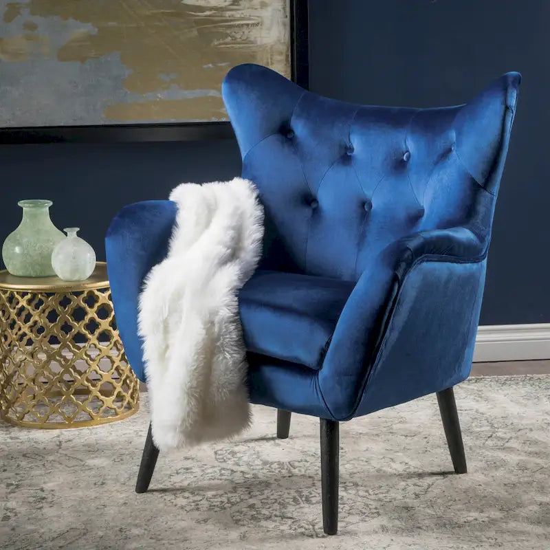 Navy Blue Button-Tufted Velvet Wingback Accent Chair with Oak Legs