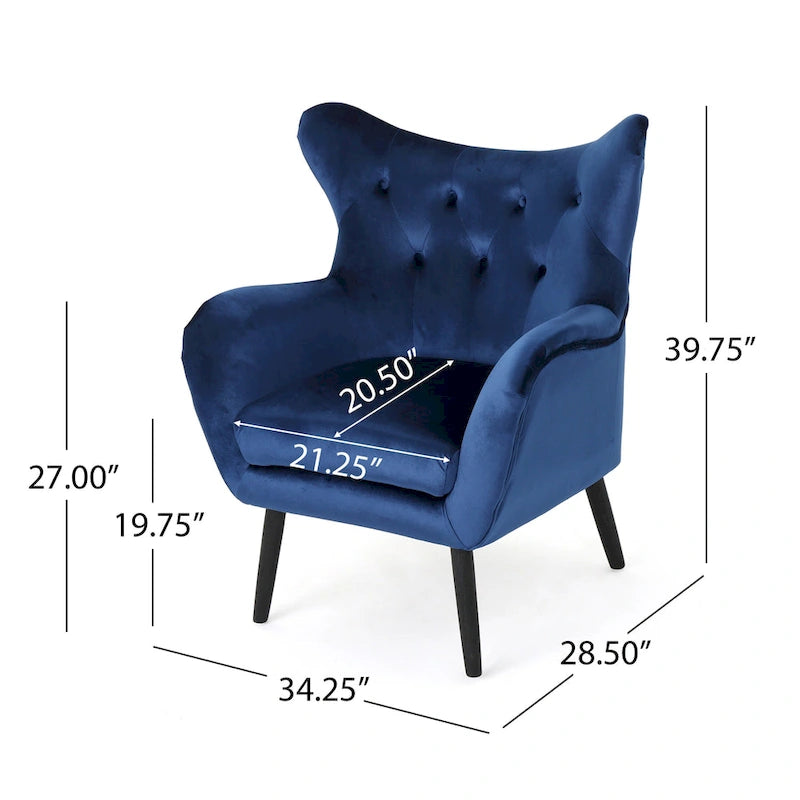 Fauteuil d'appoint à dossier haut en velours capitonné bleu marine avec pieds en chêne