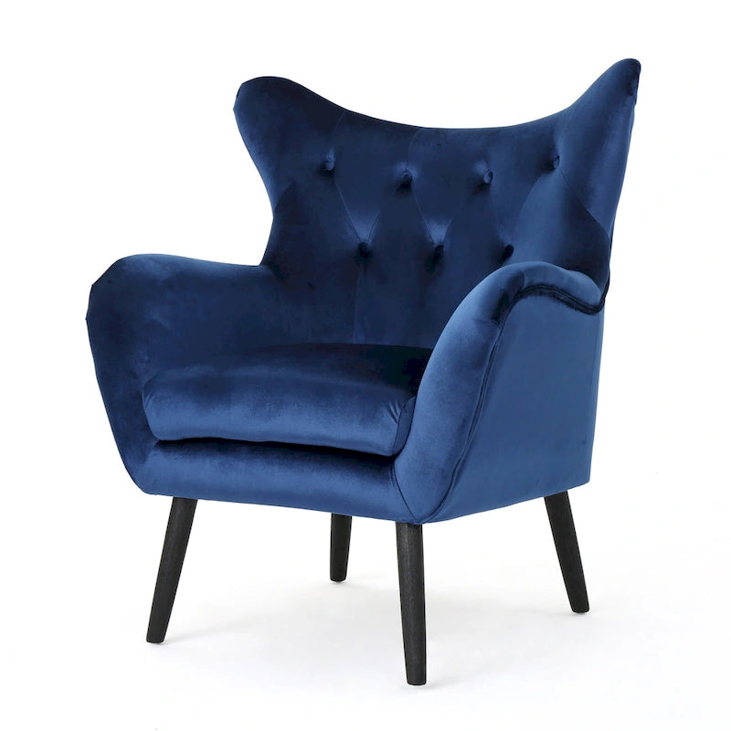 Navy Blue Button-Tufted Velvet Wingback Accent Chair with Oak Legs