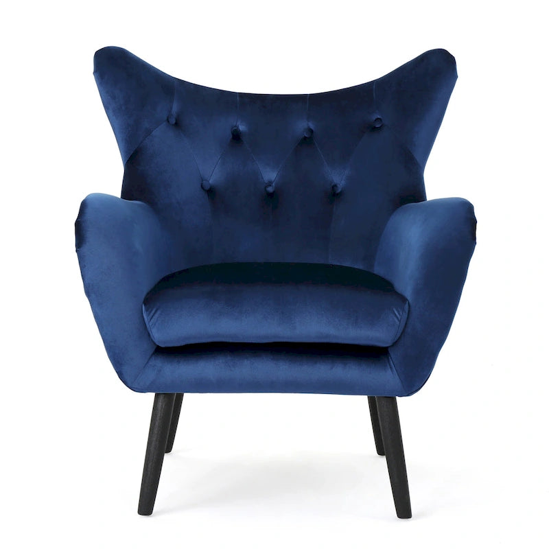 Fauteuil d'appoint à dossier haut en velours capitonné bleu marine avec pieds en chêne