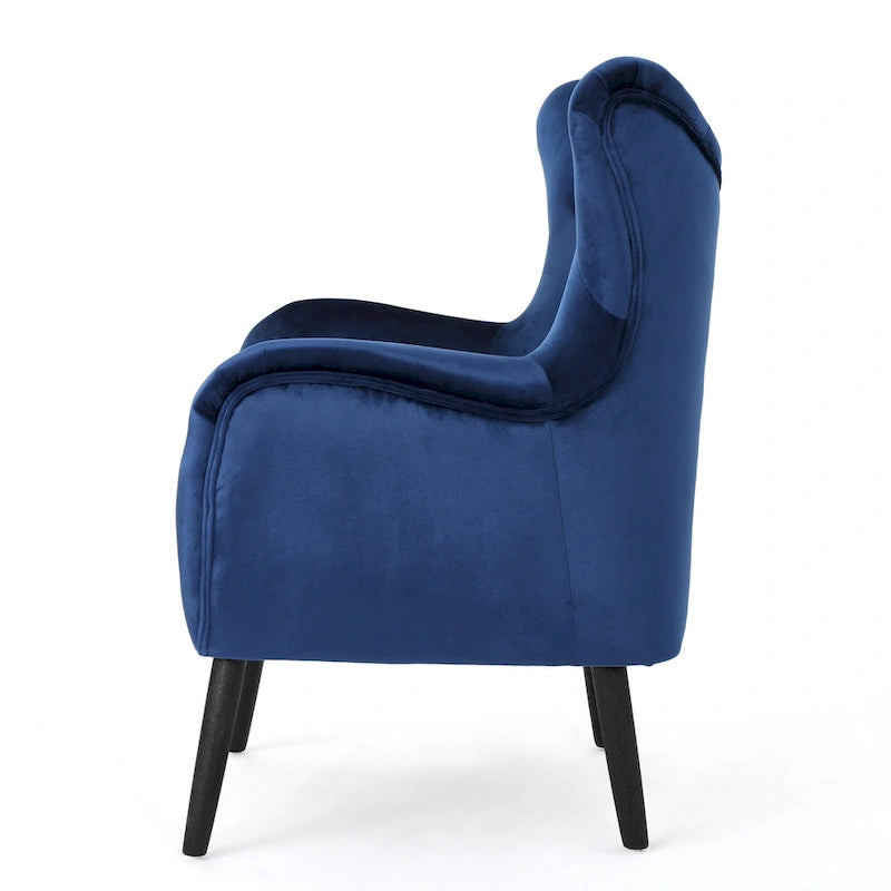 Fauteuil d'appoint à dossier haut en velours capitonné bleu marine avec pieds en chêne