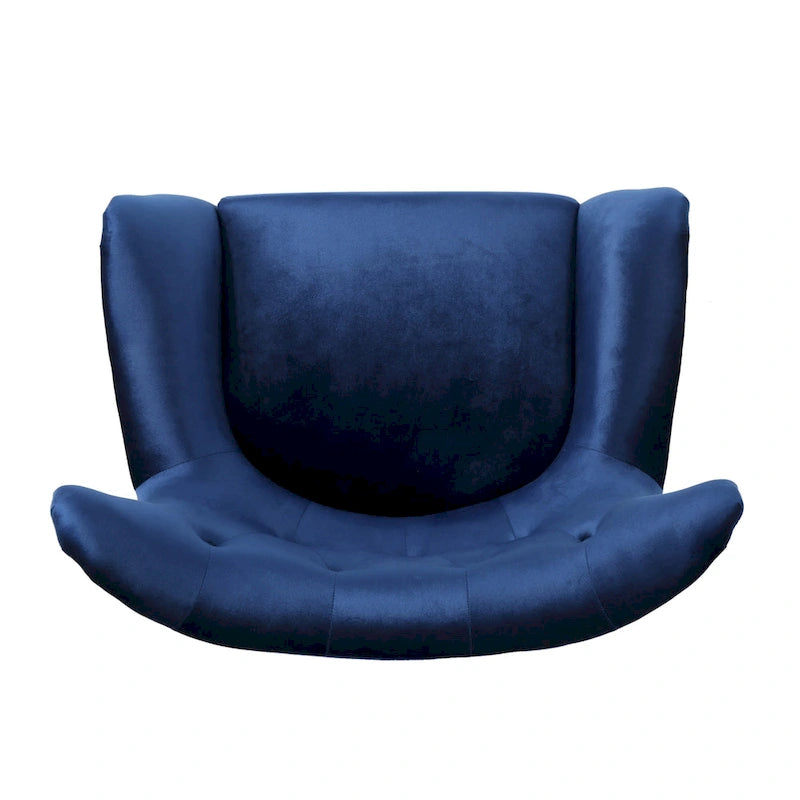 Fauteuil d'appoint à dossier haut en velours capitonné bleu marine avec pieds en chêne