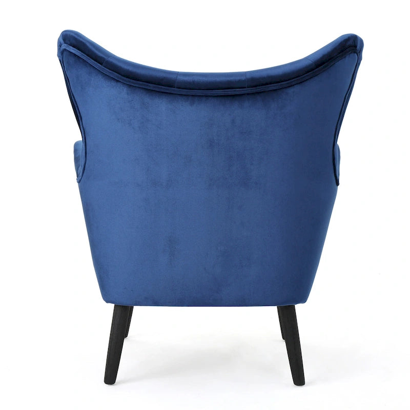 Fauteuil d'appoint à dossier haut en velours capitonné bleu marine avec pieds en chêne