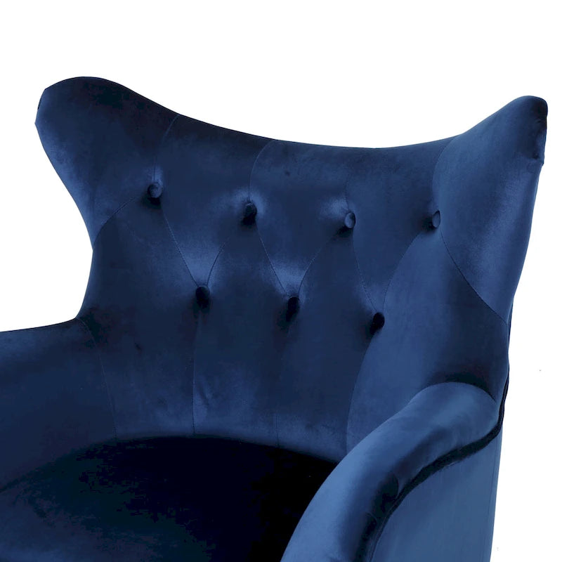 Fauteuil d'appoint à dossier haut en velours capitonné bleu marine avec pieds en chêne