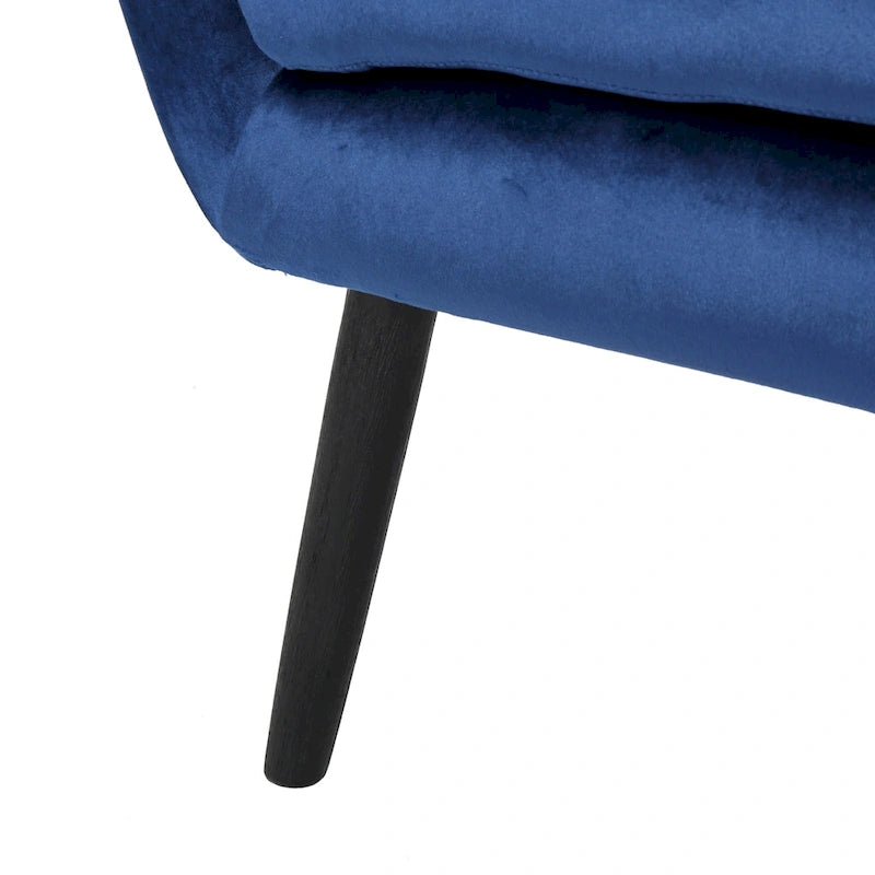 Fauteuil d'appoint à dossier haut en velours capitonné bleu marine avec pieds en chêne