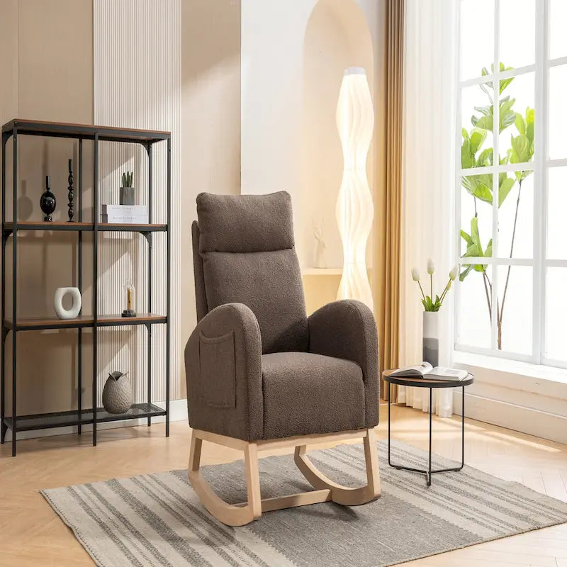 Brown Teddy Fabric High-Back Rocking Accent Chair with Side Pocket