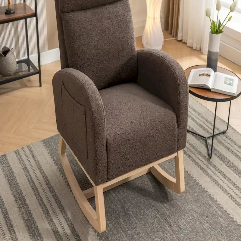 Brown Teddy Fabric High-Back Rocking Accent Chair with Side Pocket