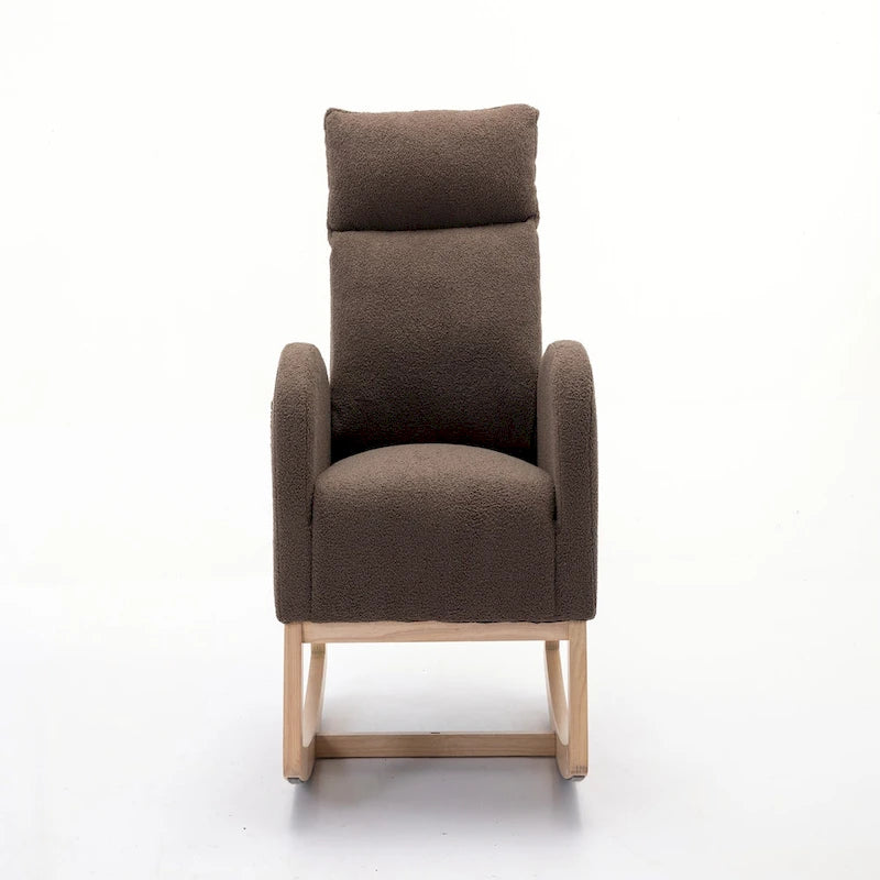 Fauteuil à bascule d'appoint à dossier haut en tissu Teddy marron avec poche latérale