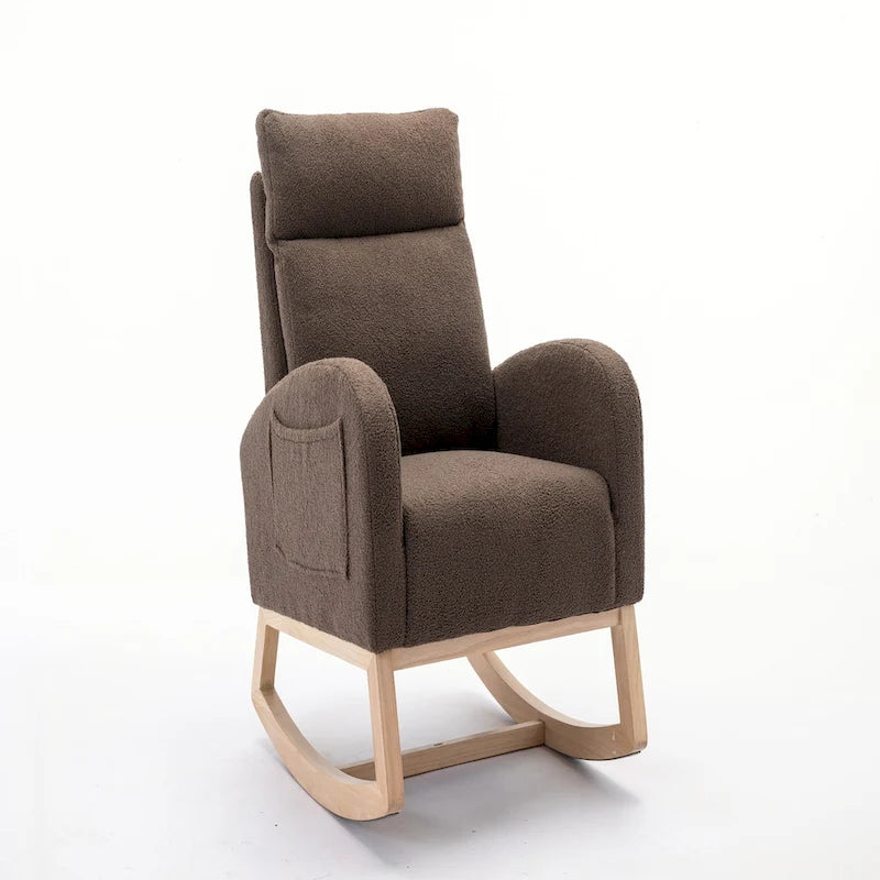 Fauteuil à bascule d'appoint à dossier haut en tissu Teddy marron avec poche latérale