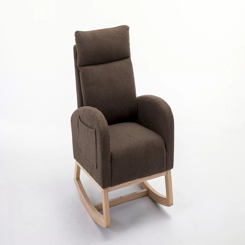 Fauteuil à bascule d'appoint à dossier haut en tissu Teddy marron avec poche latérale
