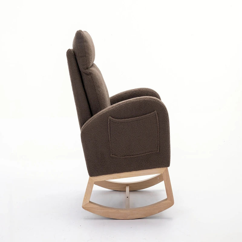 Fauteuil à bascule d'appoint à dossier haut en tissu Teddy marron avec poche latérale