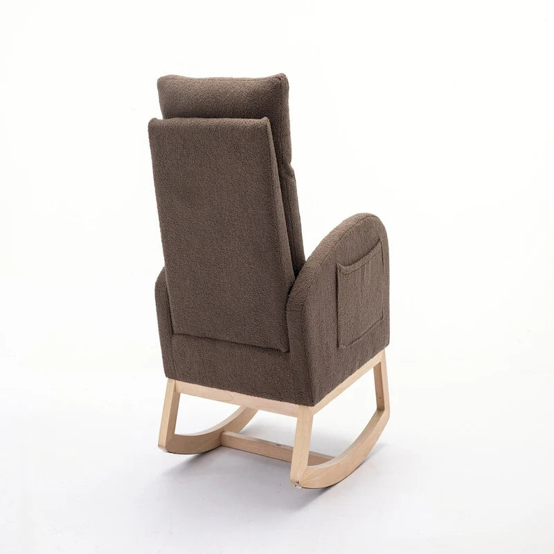 Fauteuil à bascule d'appoint à dossier haut en tissu Teddy marron avec poche latérale