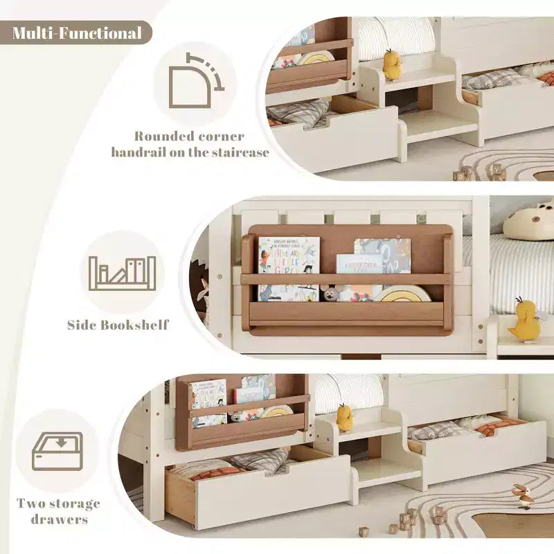 Lit pour tout-petits Bellemave Queen Size avec 14 barrières de sécurité, cadre de lit peu encombrant avec étagères intégrées et 2 tiroirs de rangement sous le lit