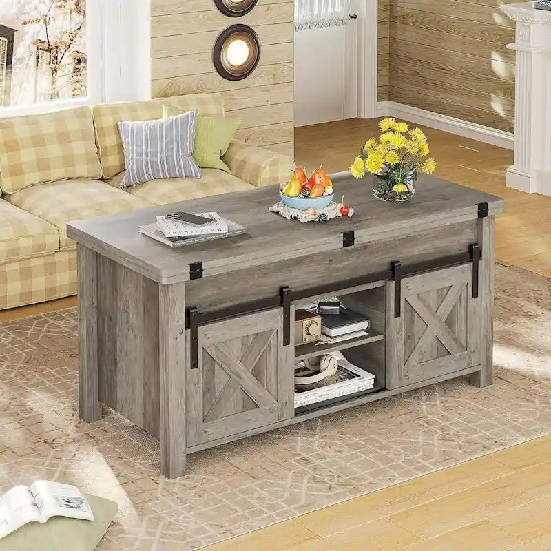 Table basse relevable avec 2 portes de grange coulissantes et rangement