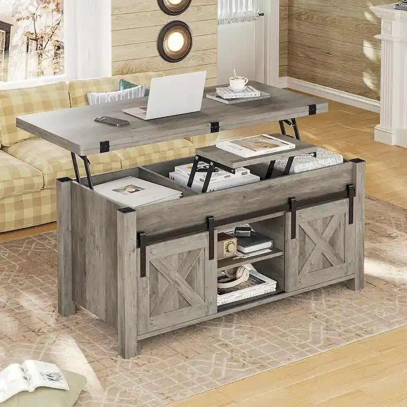 Table basse relevable avec 2 portes de grange coulissantes et rangement