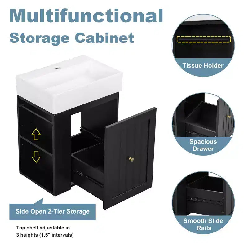Meuble-lavabo avec évier en céramique, tiroir de rangement en MDF, étagère latérale et poignée dorée