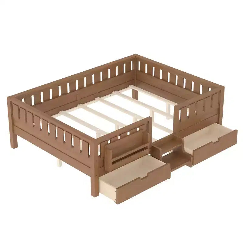 Lit pour tout-petits Bellemave Queen Size avec 14 barrières de sécurité, cadre de lit peu encombrant avec étagères intégrées et 2 tiroirs de rangement sous le lit