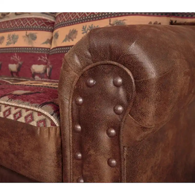 Rustic Brown Microfiber Sofa with Wildlife Print and Nailhead Accents