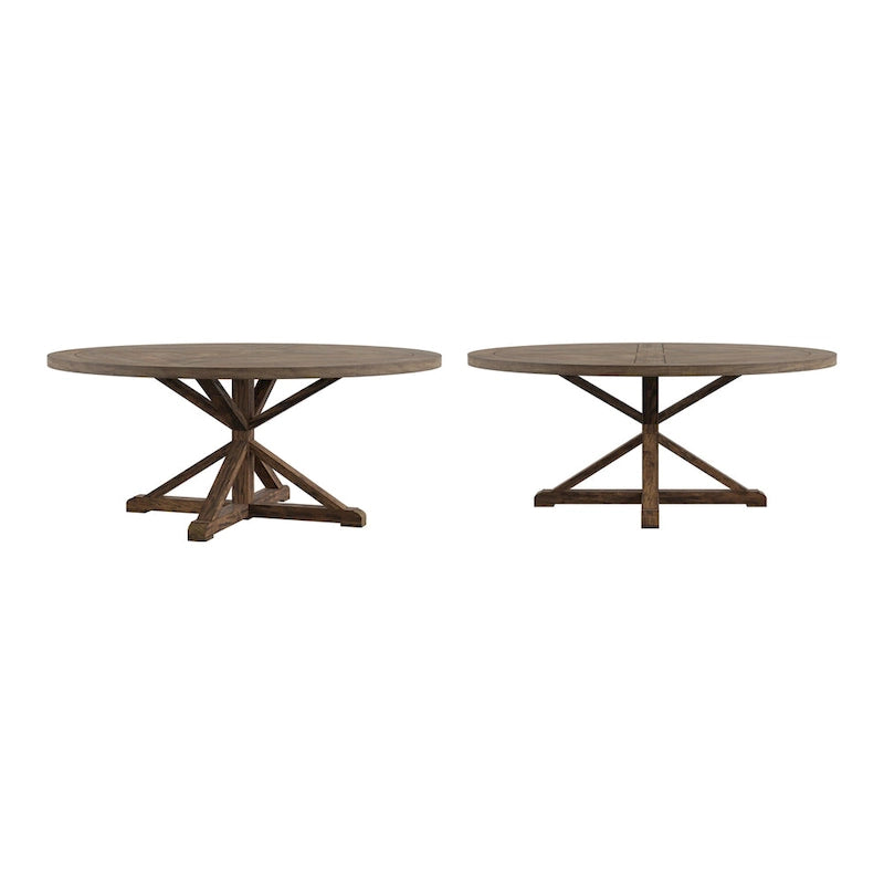 Table à manger ronde rustique en bois de pin, base en X, finition brune vieillie, style fermier