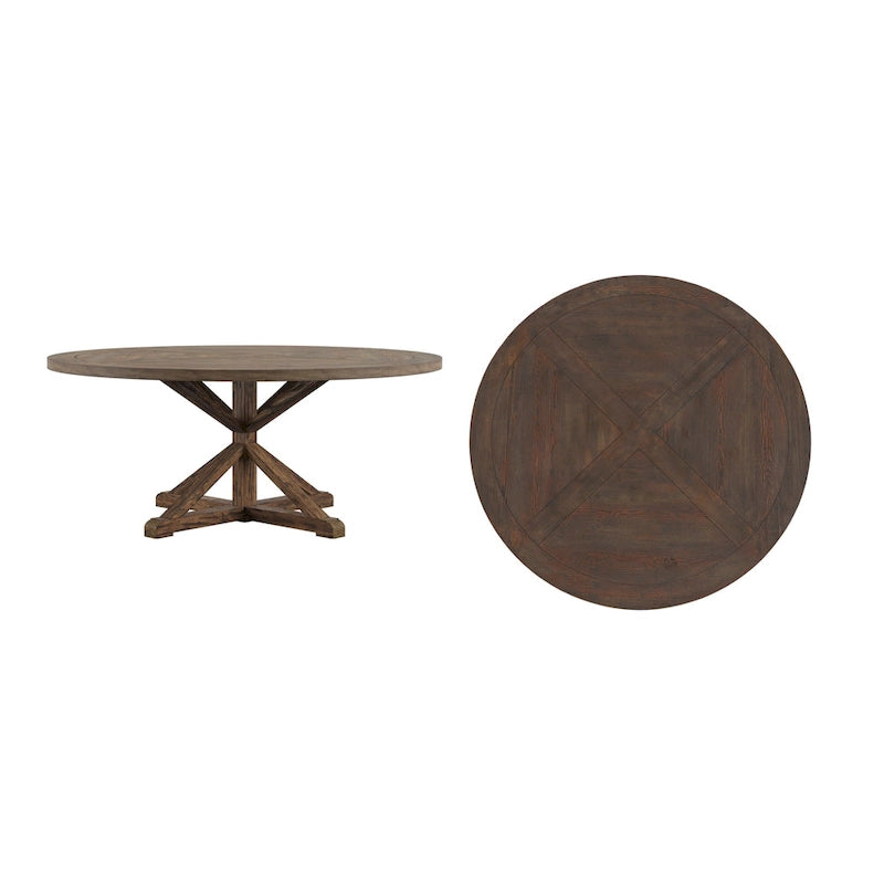 Table à manger ronde rustique en bois de pin, base en X, finition brune vieillie, style fermier
