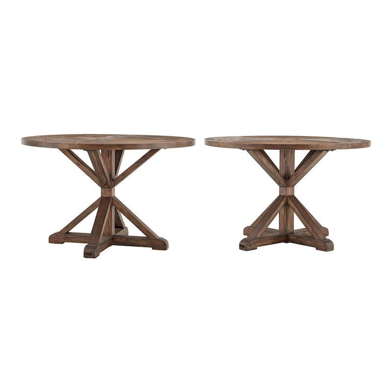Table à manger ronde rustique en bois de pin, base en X, finition brune vieillie, style fermier