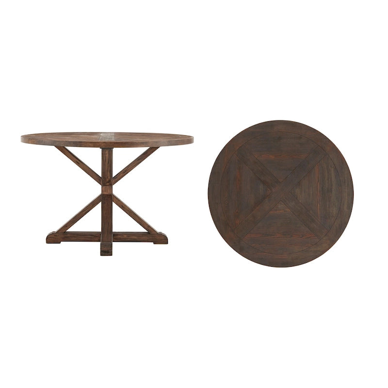 Table à manger ronde rustique en bois de pin, base en X, finition brune vieillie, style fermier