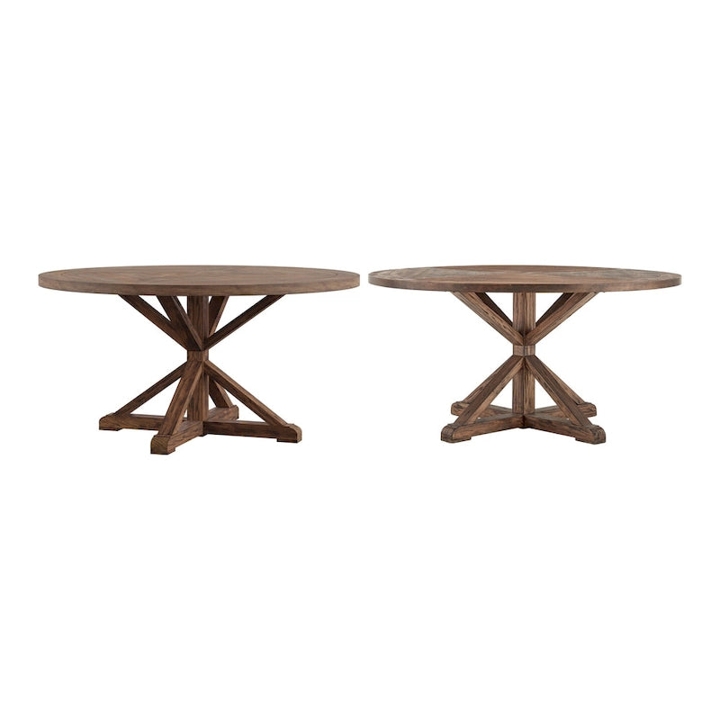 Table à manger ronde rustique en bois de pin, base en X, finition brune vieillie, style fermier