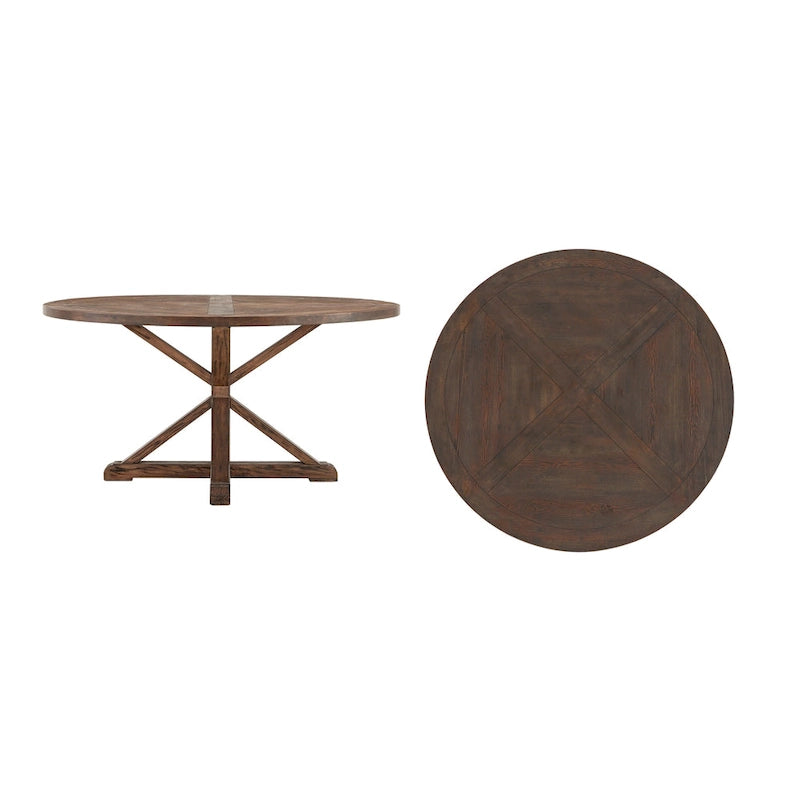 Table à manger ronde rustique en bois de pin, base en X, finition brune vieillie, style fermier