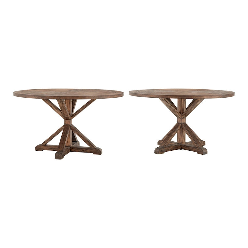 Table à manger ronde rustique en bois de pin, base en X, finition brune vieillie, style fermier