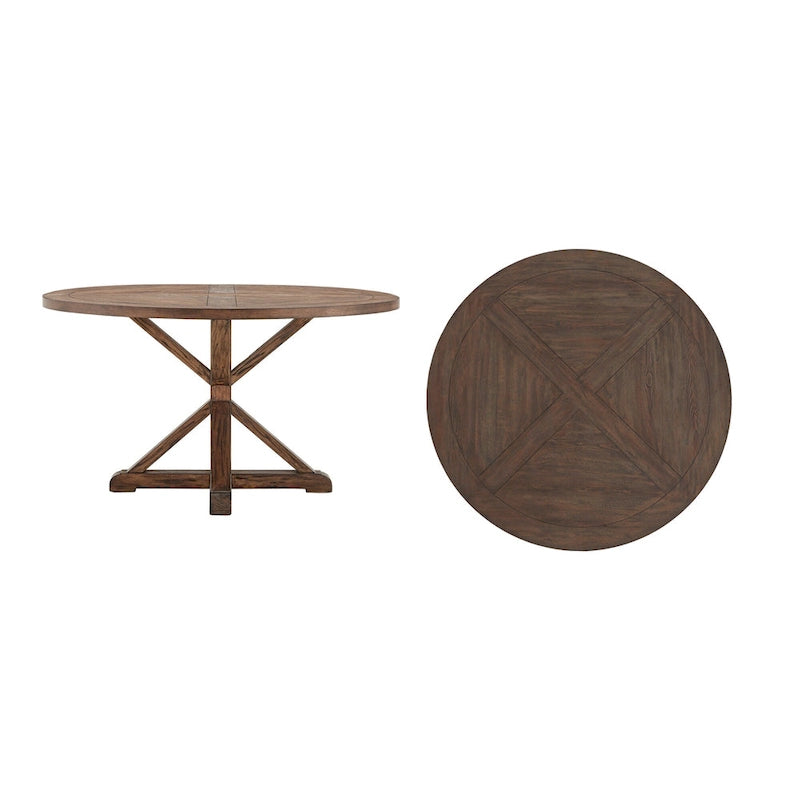 Table à manger ronde rustique en bois de pin, base en X, finition brune vieillie, style fermier