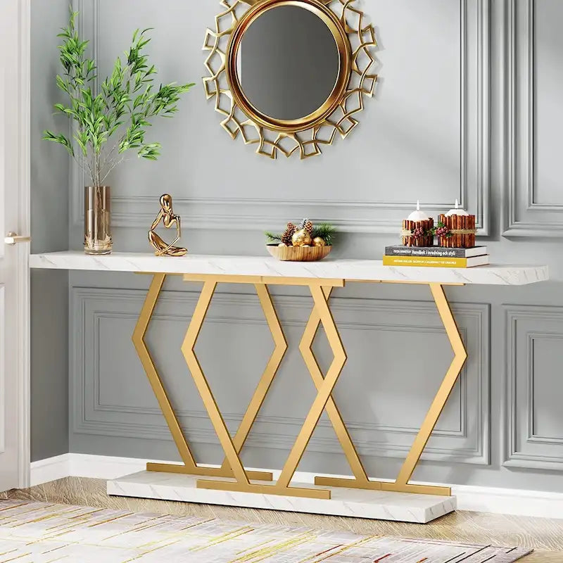 Extra Long Faux Marble Console Table with Geometric Gold Metal Frame, White