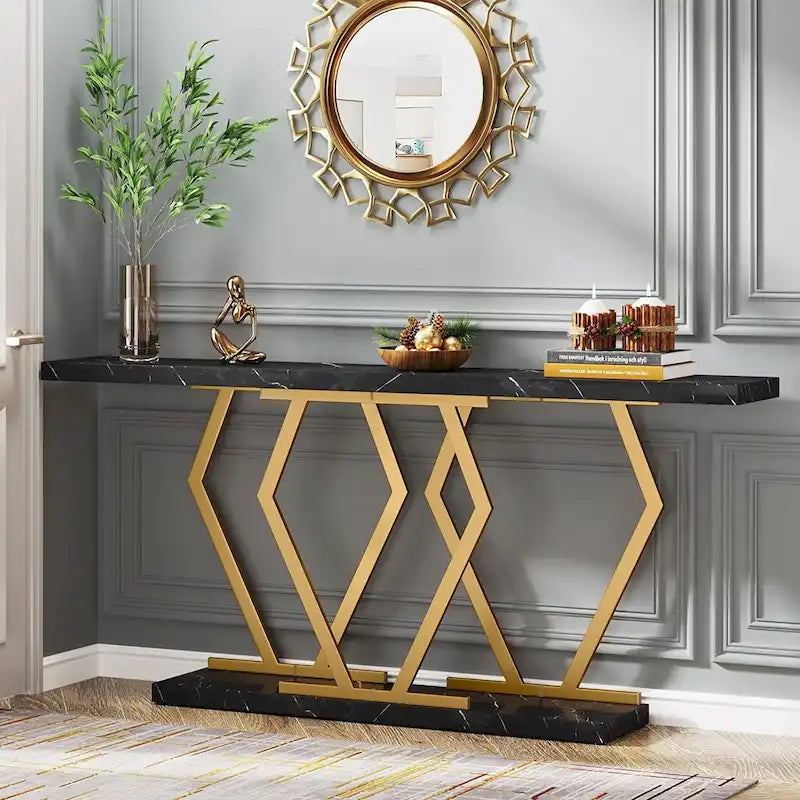 Extra Long Faux Marble Console Table with Geometric Gold Metal Frame, White