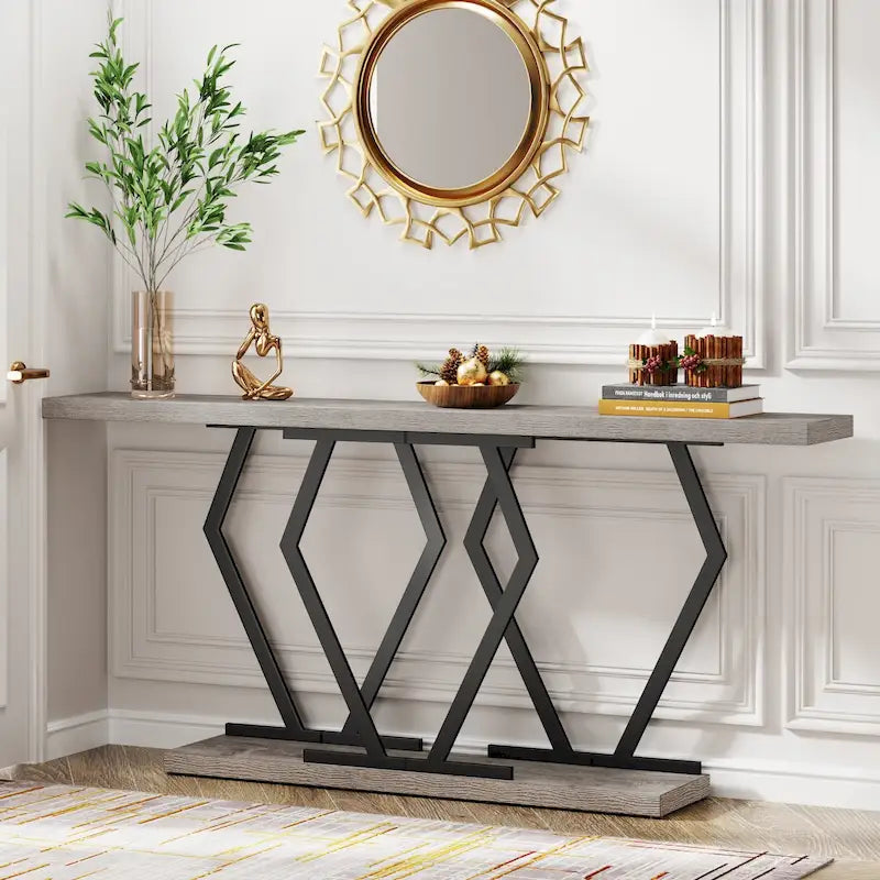 Extra Long Faux Marble Console Table with Geometric Gold Metal Frame, White