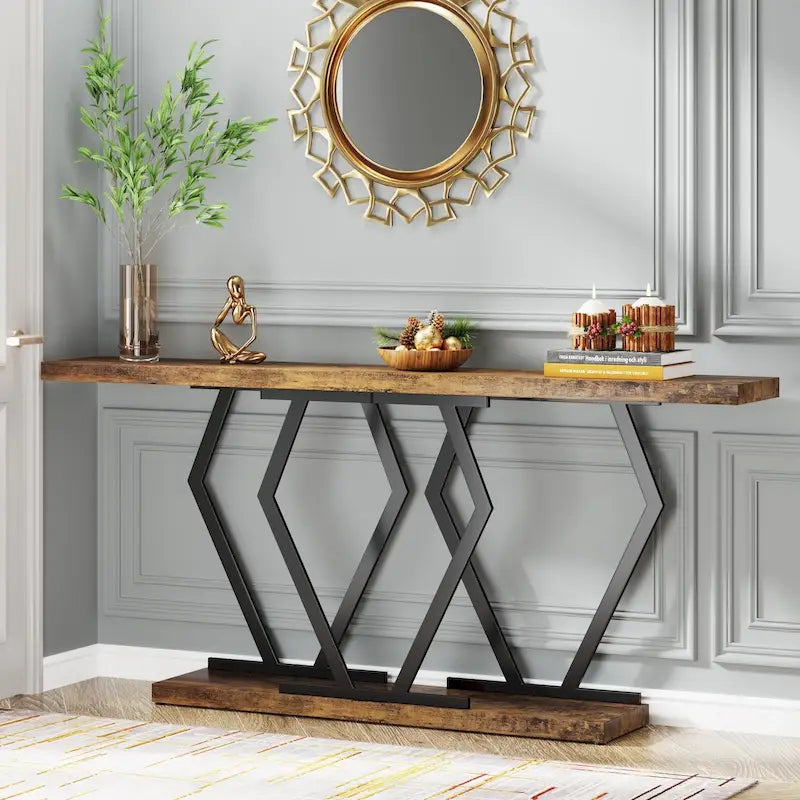 Extra Long Faux Marble Console Table with Geometric Gold Metal Frame, White