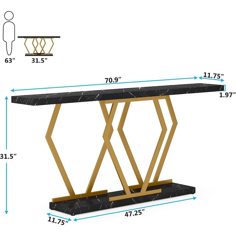 Table console extra-longue en faux marbre avec piètement géométrique en métal doré, blanc