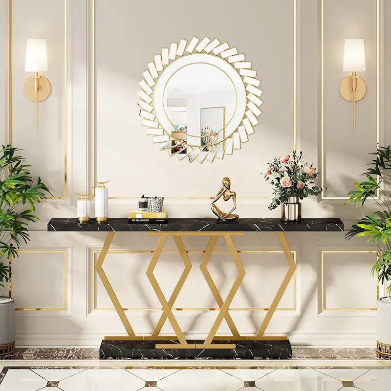 Extra Long Faux Marble Console Table with Geometric Gold Metal Frame, White