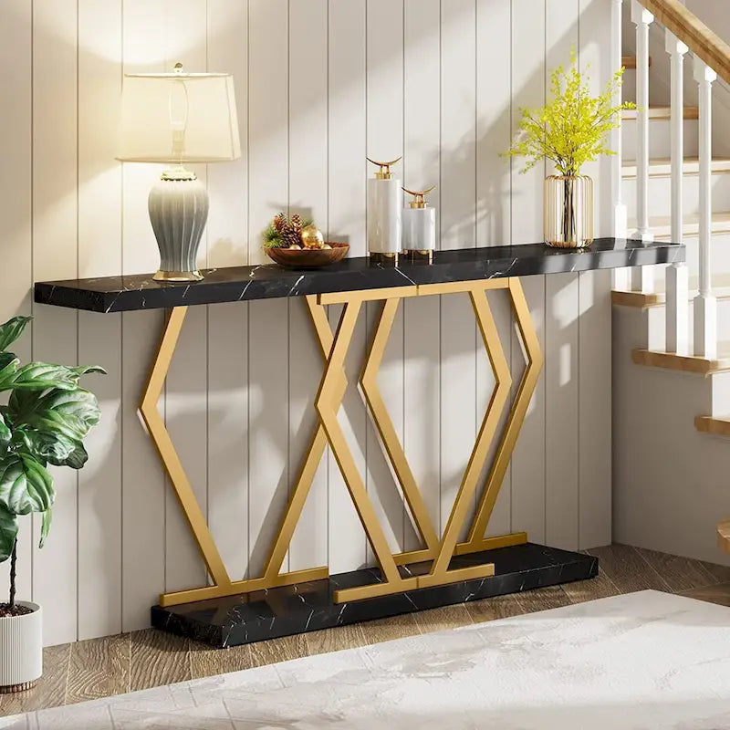 Extra Long Faux Marble Console Table with Geometric Gold Metal Frame, White