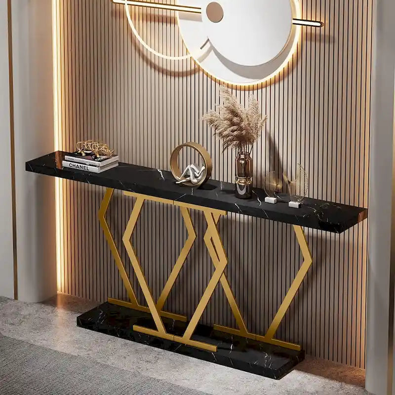 Extra Long Faux Marble Console Table with Geometric Gold Metal Frame, White