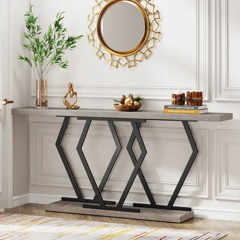 Table console extra-longue en faux marbre avec piètement géométrique en métal doré, blanc