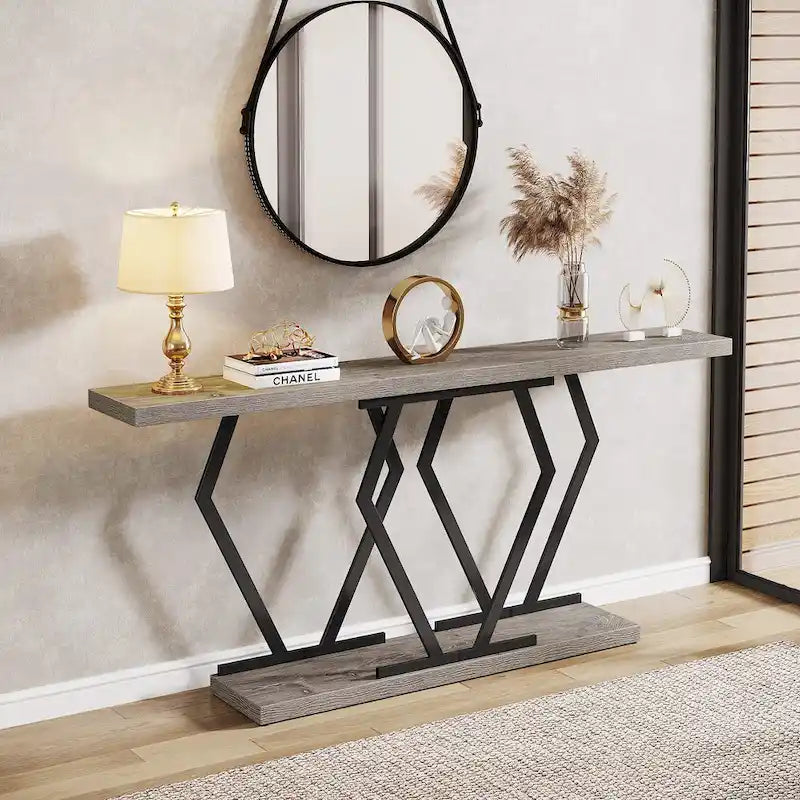 Table console extra-longue en faux marbre avec piètement géométrique en métal doré, blanc