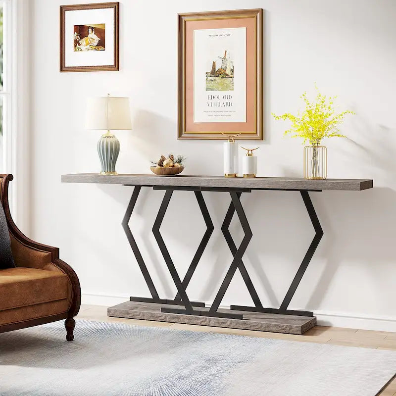 Table console extra-longue en faux marbre avec piètement géométrique en métal doré, blanc