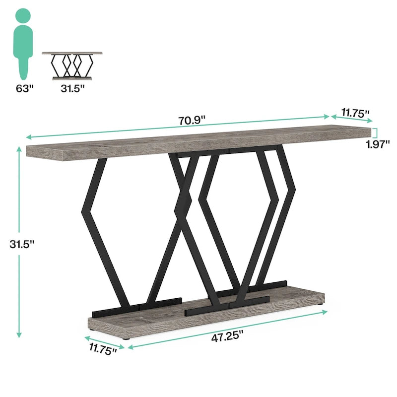 Table console extra-longue en faux marbre avec piètement géométrique en métal doré, blanc