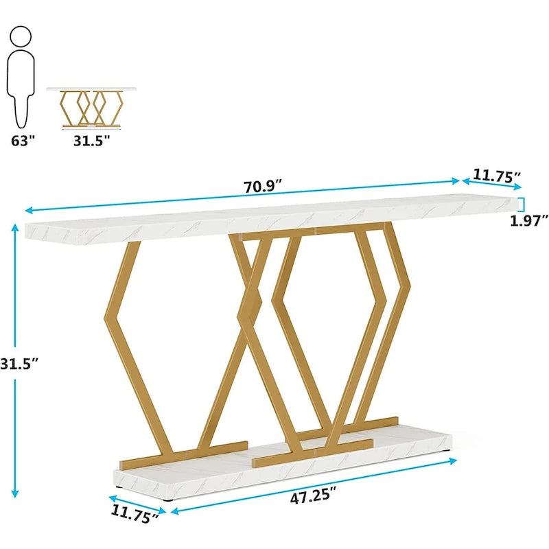 Table console extra-longue en faux marbre avec piètement géométrique en métal doré, blanc
