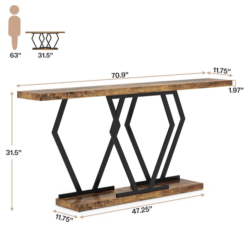 Table console extra-longue en faux marbre avec piètement géométrique en métal doré, blanc